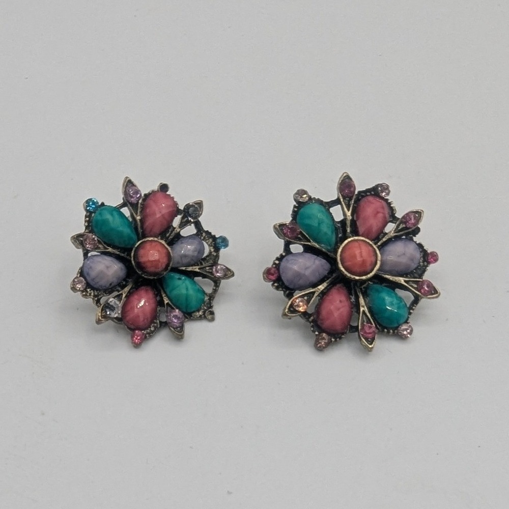 Vintage Style Floral Stud Earrings Multi Colorโ Teal Magenta Bronze Tone Boho